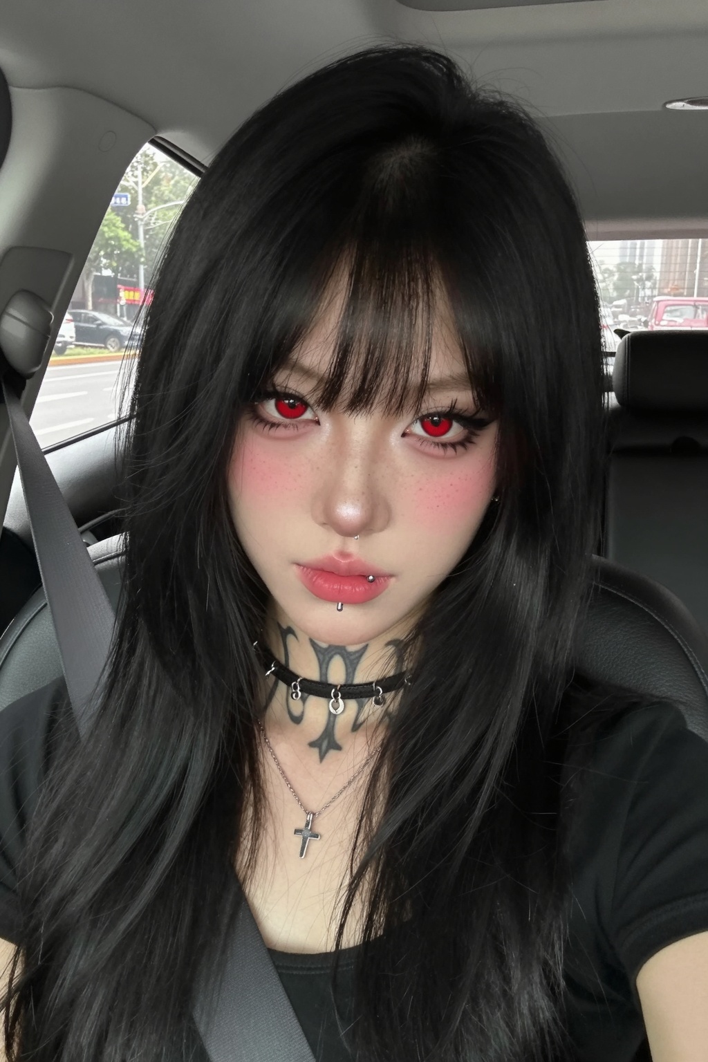 77_GG goth girl,  selfie a young woman sitting in a car,  likely taken with a smartphone. She has a light skin tone and is...