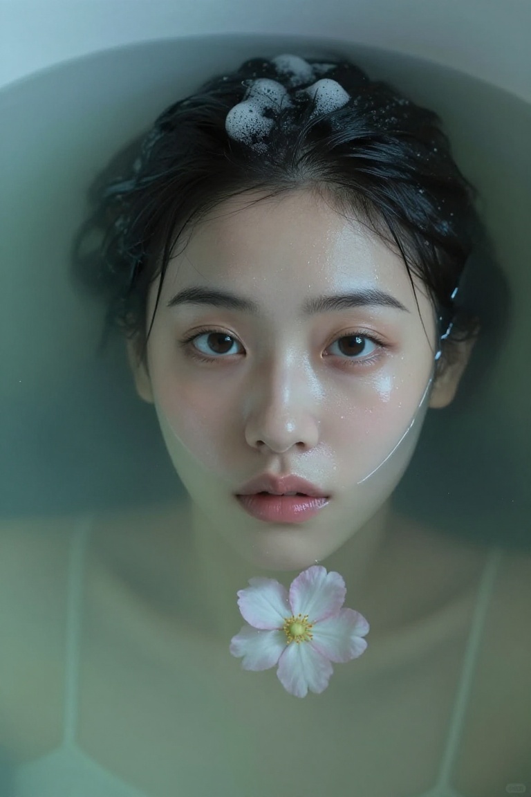 A hauntingly intimate close-up captures a woman's face emerging from a vat of luminous,  pale green water—her dark hair pl...
