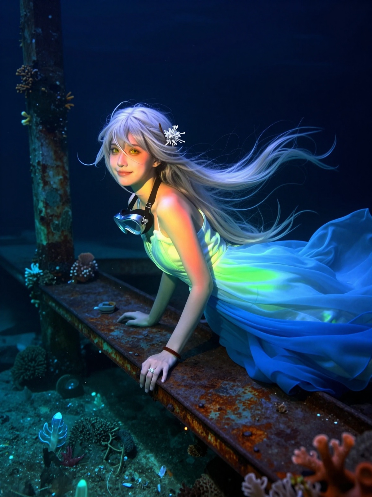 A young woman floats in ghostly silence,  her grey-white hair drifting in a slow,  weightless curtain around her. A long s...