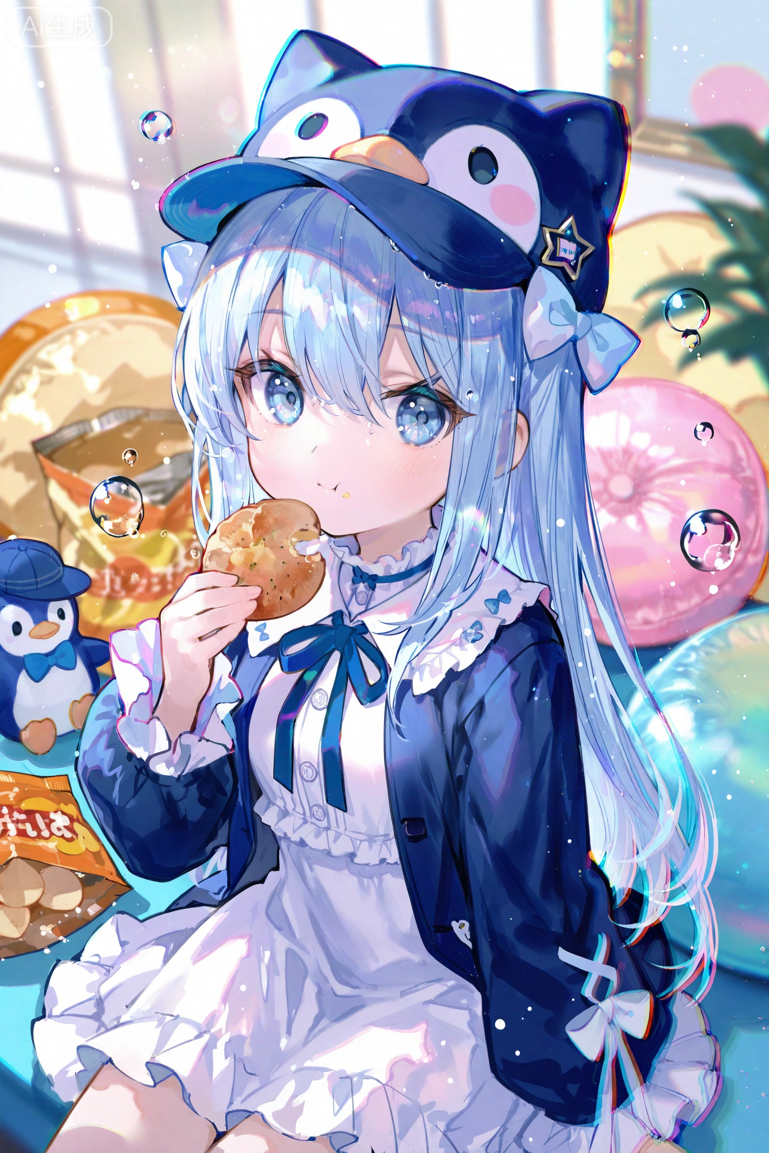masterpiece,highres,absurdres,newest,best quality,loli,petite,high quality,chromatic_aberration, //, 1girl, food, long hair, chips (food), solo, holding, hair between eyes, blue eyes, bubble, holding food, potato chips, penguin, looking at viewer, eating, very long hair, hat, pillarboxed, long sleeves, cookie, bow, bird, :t, dress, puffy sleeves, closed mouth, blue hair, blue jacket, blue headwear, jacket, water drop, frills, blue bow, light blue hair, animal hat, white dress, neck ribbon, sitting, white bow, double-parted bangs, straight hair, hair bow, puffy cheeks, stuffed penguin, air bubble, frilled sleeves
