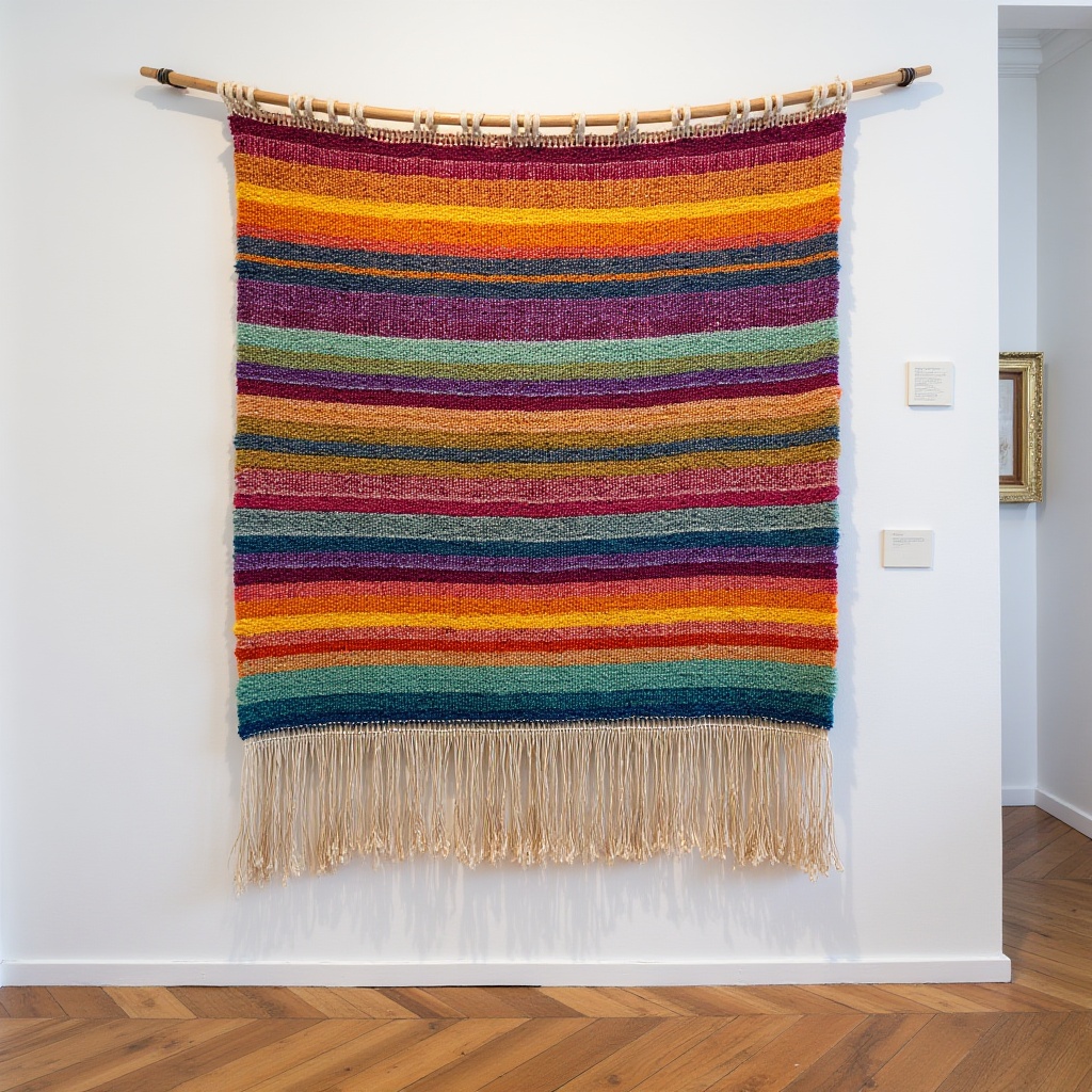 vibrant handwoven tapestry,  with fringed edges,  striped pattern on Tensor.Art