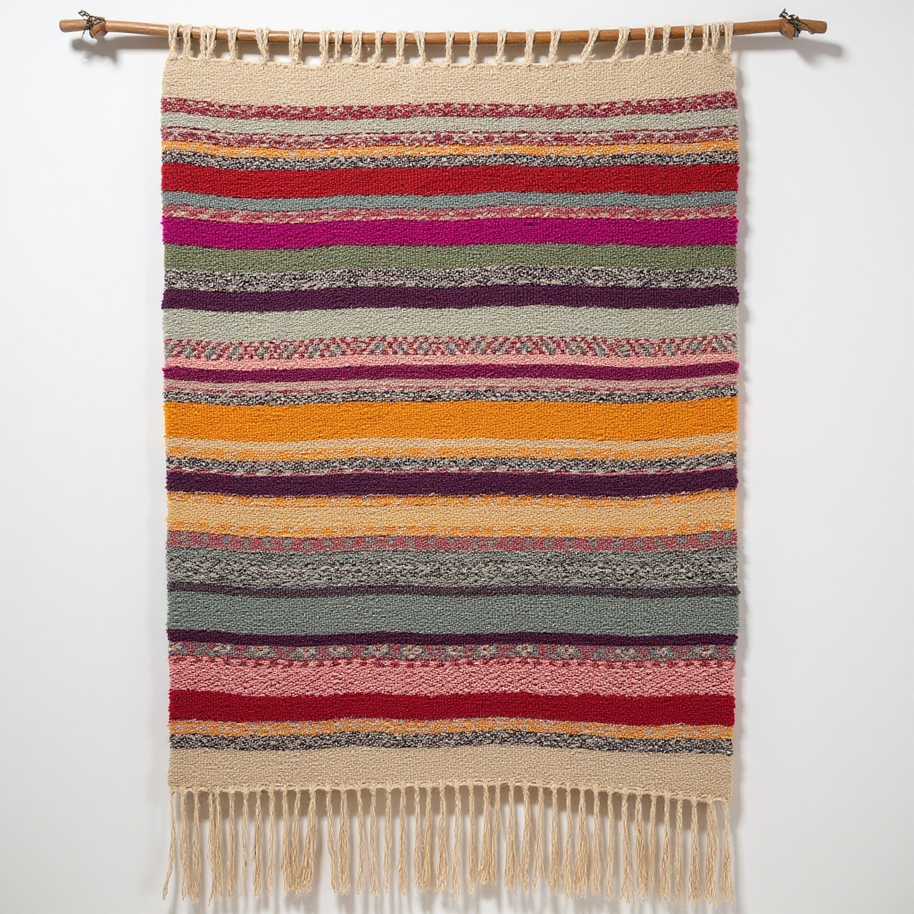 vibrant handwoven tapestry,  with fringed edges,  geometric striped pattern on Tensor.Art