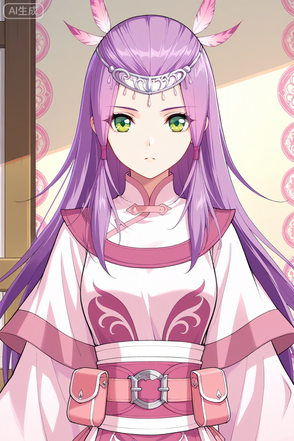 
Random scene,Random scene,
upper body,looking at viewer,
小医仙,masterpiece,best quality,official art,extremely detailed CG unity 8k wallpaper,1girl,solo,purple hair, white pink,, long hair, straight hair, purple hair, side bangs, hair ornament, forehead circlet, green eyes,traditional robe, robe circlet, pink and white outfit, wide sleeves, layered clothing, waist sash, pink belt, pouch on belt, ornate patterns, flowy clothes, feather hair accessory, fantasy outfit,