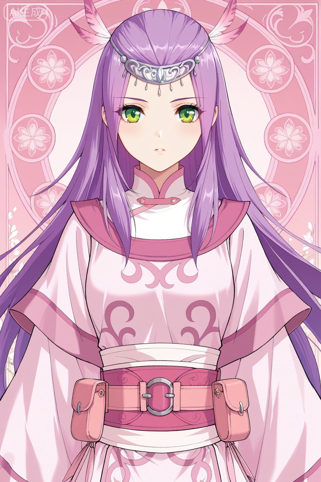 
Random scene,Random scene,
upper body,looking at viewer,
小医仙,masterpiece,best quality,official art,extremely detailed CG unity 8k wallpaper,1girl,solo,purple hair, white pink,, long hair, straight hair, purple hair, side bangs, hair ornament, forehead circlet, green eyes,traditional robe, robe circlet, pink and white outfit, wide sleeves, layered clothing, waist sash, pink belt, pouch on belt, ornate patterns, flowy clothes, feather hair accessory, fantasy outfit,