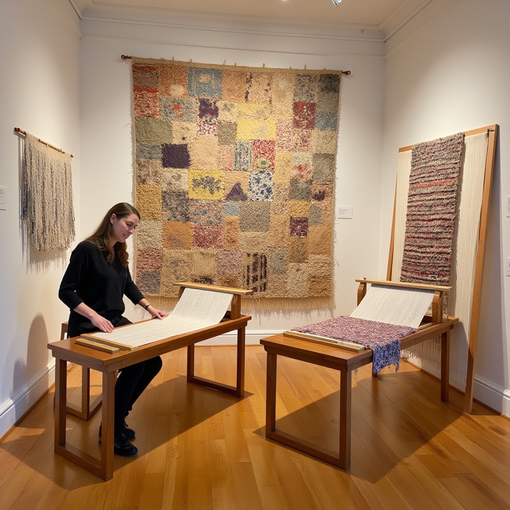 wooden loom frames,  warm lighting,  tapestry on Tensor.Art
