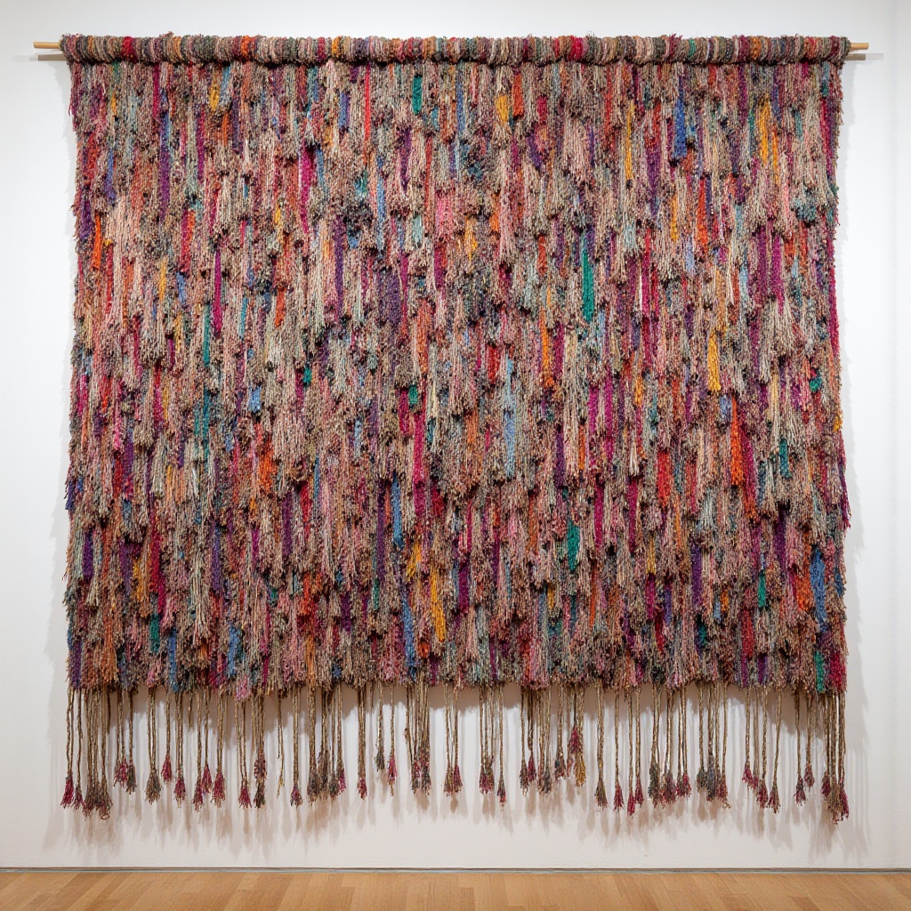 textile wall hanging,  large-scale colorful fiber,  sustainable industrial background on Tensor.Art