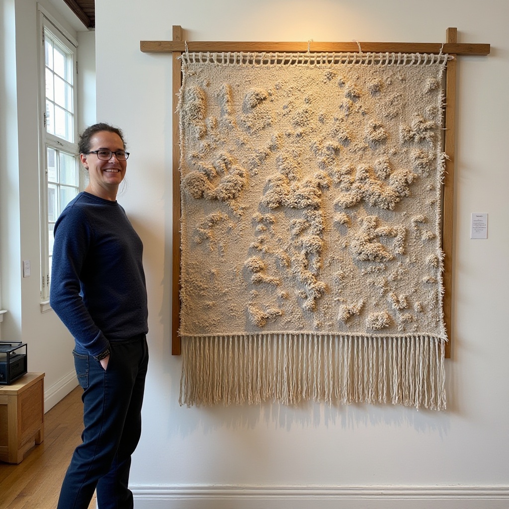 textile wall hanging,  gallery installation,  artist portrait on Tensor.Art