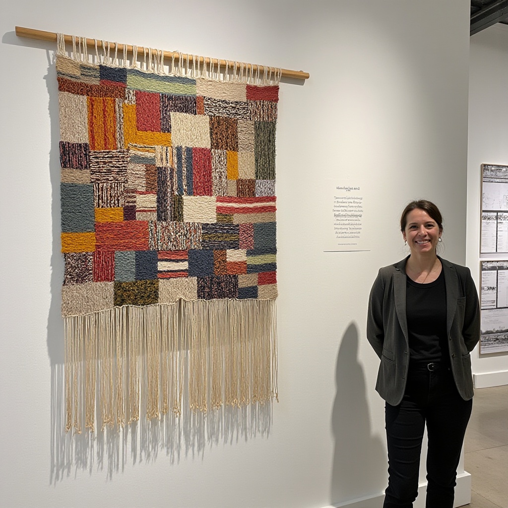 textile wall hanging,  gallery installation,  artist portrait on Tensor.Art