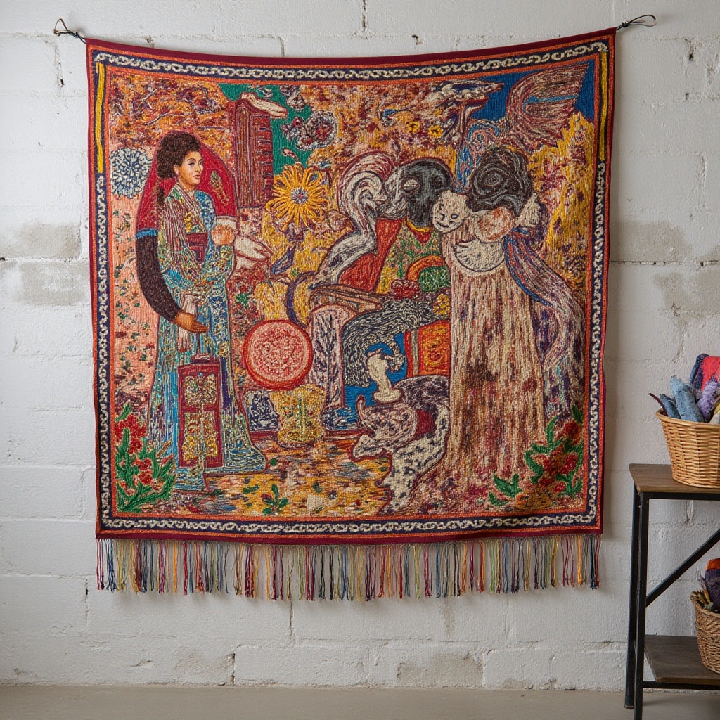 textile wall hanging,  gallery installation,  artist portrait on Tensor.Art