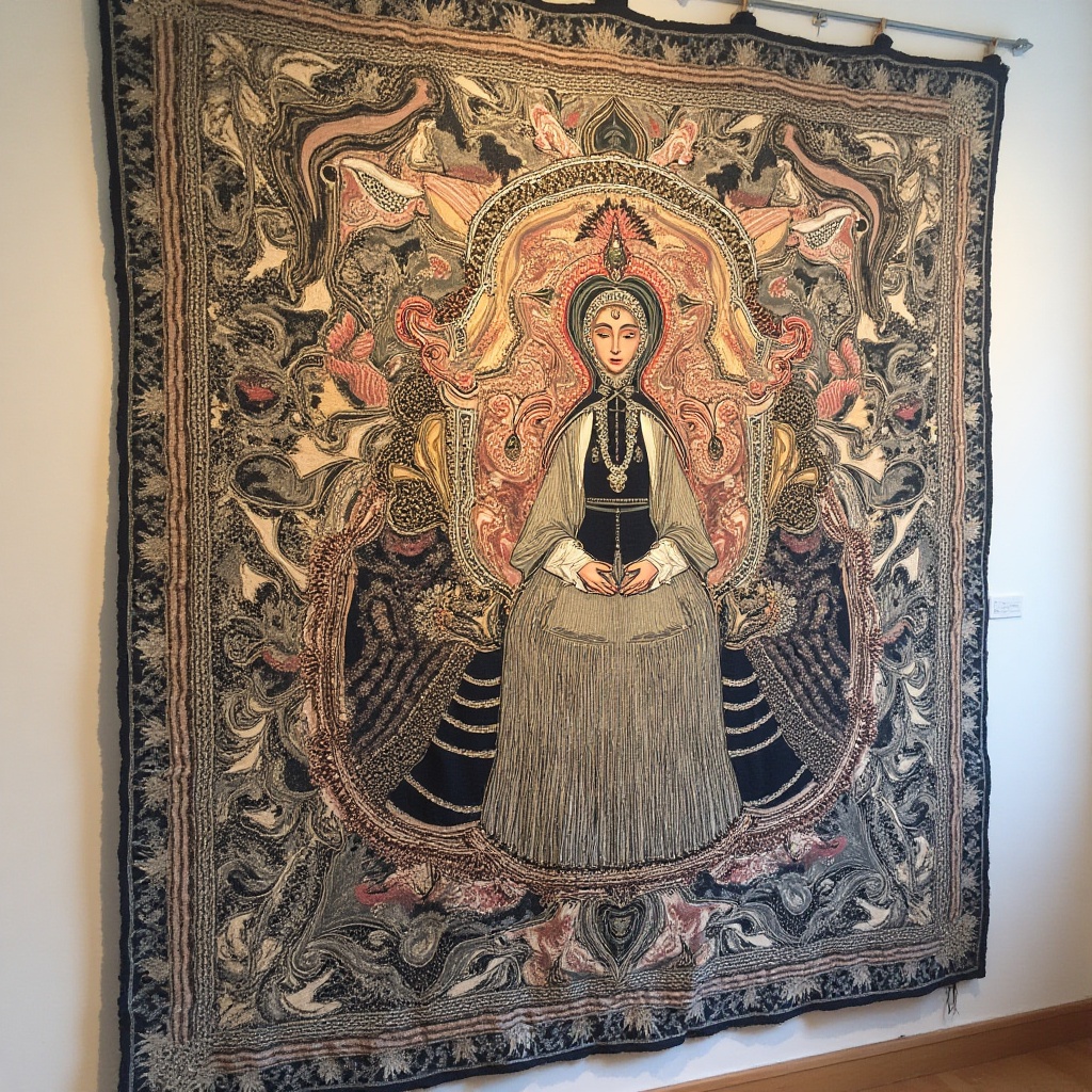 textile wall hanging,  gallery installation,  artist portrait on Tensor.Art