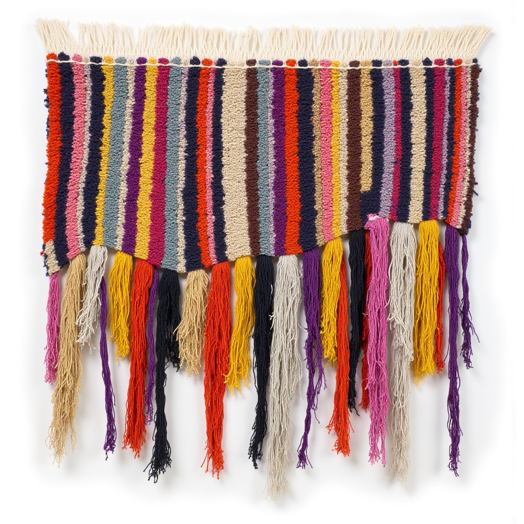 vibrant handwoven tapestry with fringed edges,  striped pattern,  contemporary fiber art on Tensor.Art