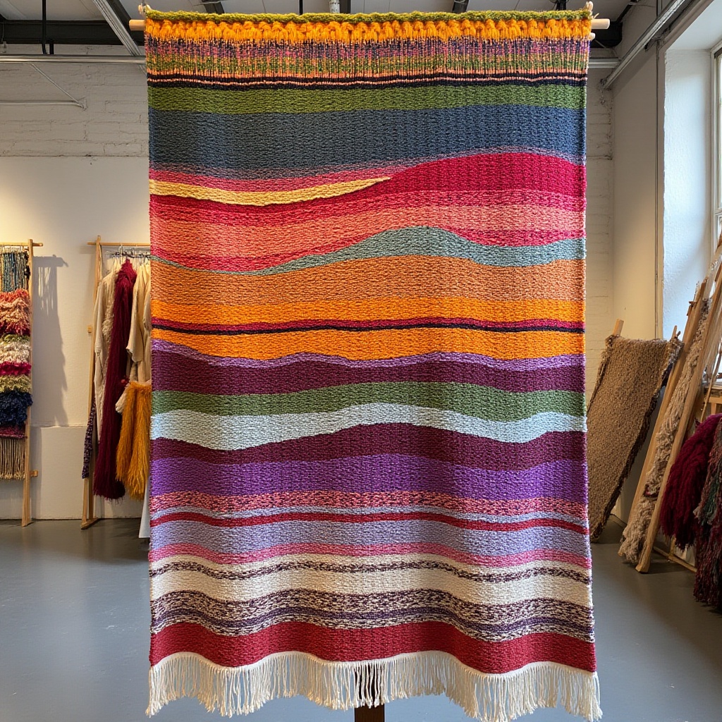 vibrant handwoven tapestry with fringed edges,  striped pattern,  contemporary fiber art on Tensor.Art