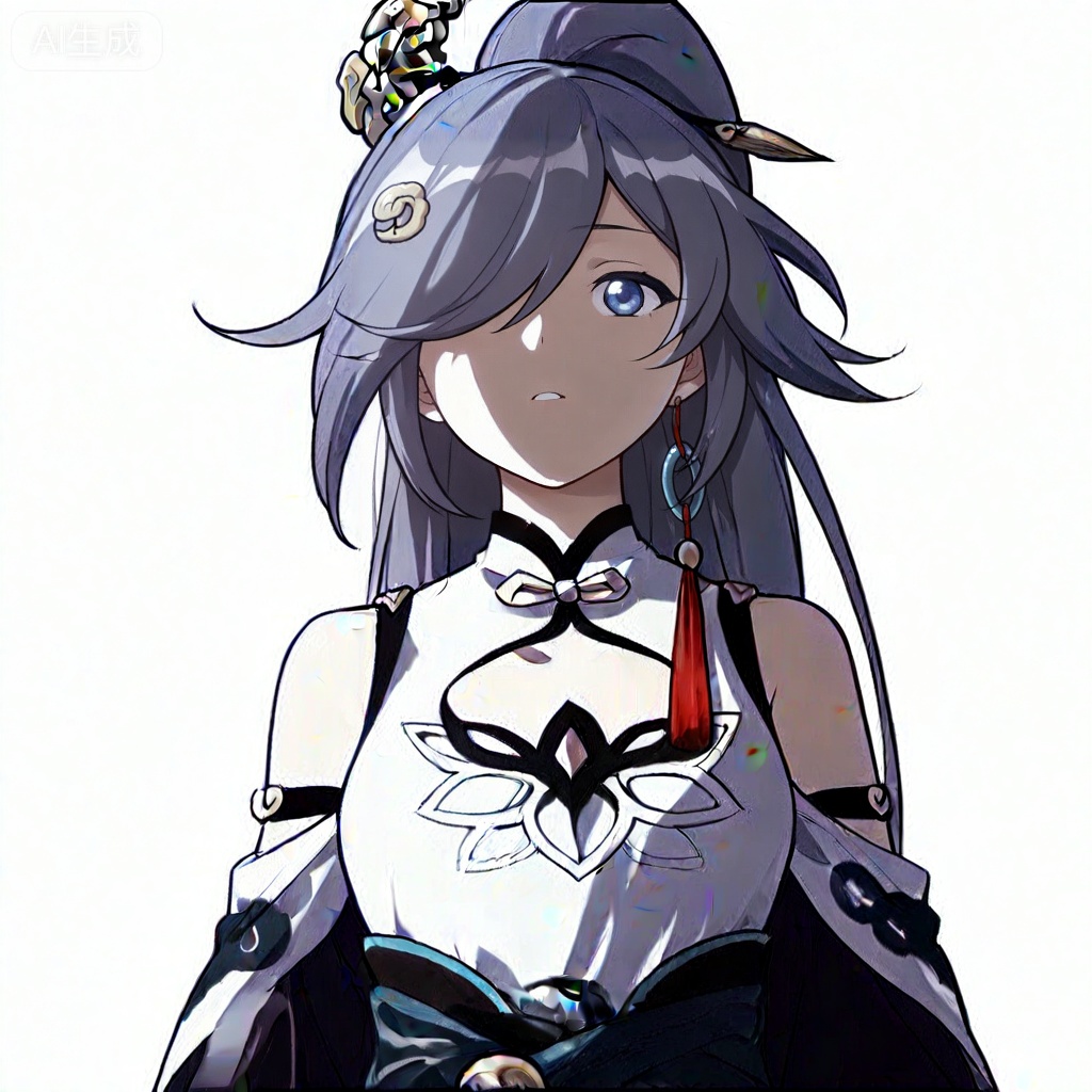 masterpiece, best quality,solo,((white background:1.2)),simple background,, 
looking at viewer,manga_style,fu hua \(azure empyrea\),hair ornament,hair over one eye,grey hair,blue_eyes,bangs,hanfu,long sleeves,ornament,Chinese clothes,taoist robes,boots,gold_trim,jewelry,Tassel