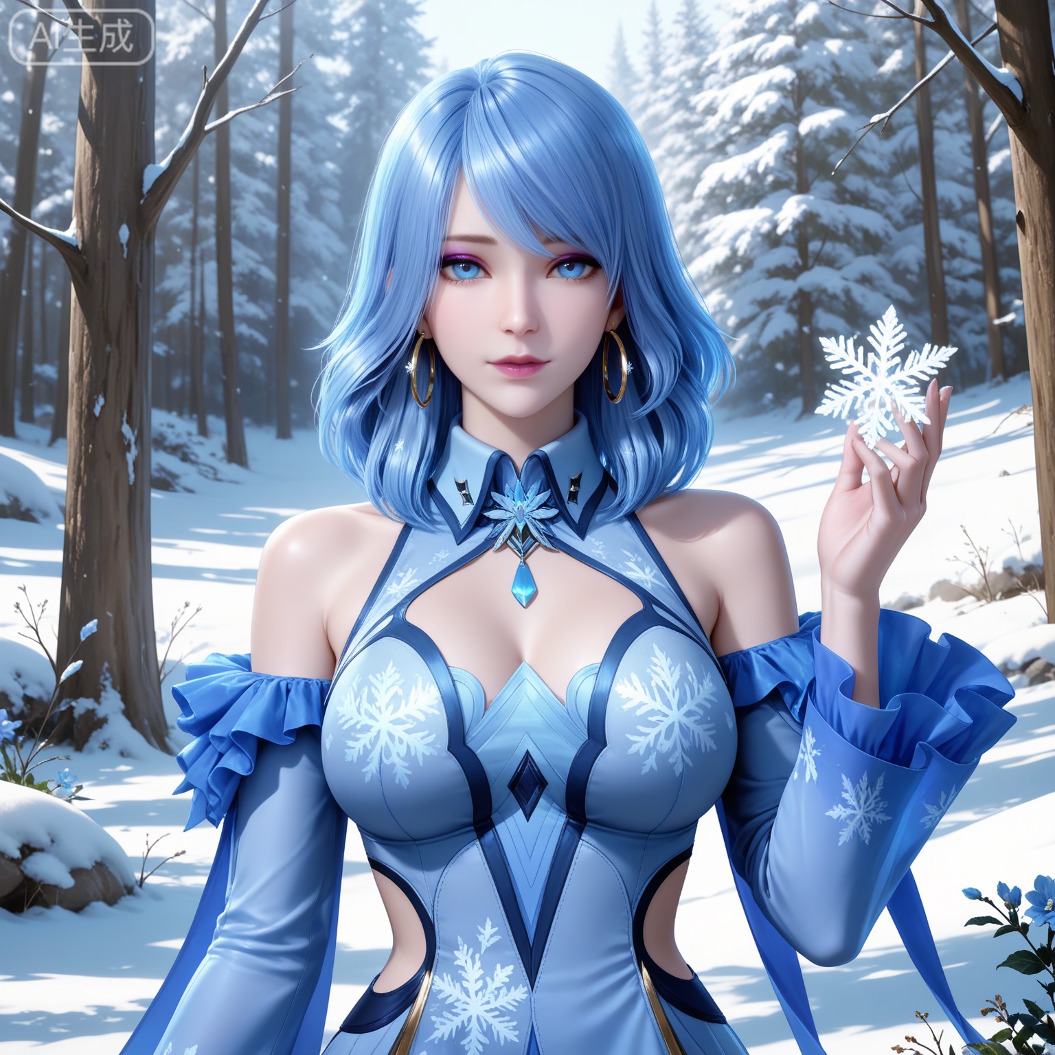 lvjing,
masterpiece,high quality,tall,game cg,highres,(soft light:1.2),white_skin,(shiny_skin:0.6),(realistic:1.1),,shuibinger,blue hair,blue eyes,longeyelashes,makeup,medium hair,looking at viewer,long sleeves,nature,flowers,day,1girl,solo,dress,large breasts,earrings,jewelry,long hair,(upper_body:1.2),looking at viewer,hoop earrings,(collared_dress:1.1),bare shoulders,frills,short dress,print_dress,blue dress,winter,sonw,snow,ice,snowflakes,snowfakes floating on the hand,




