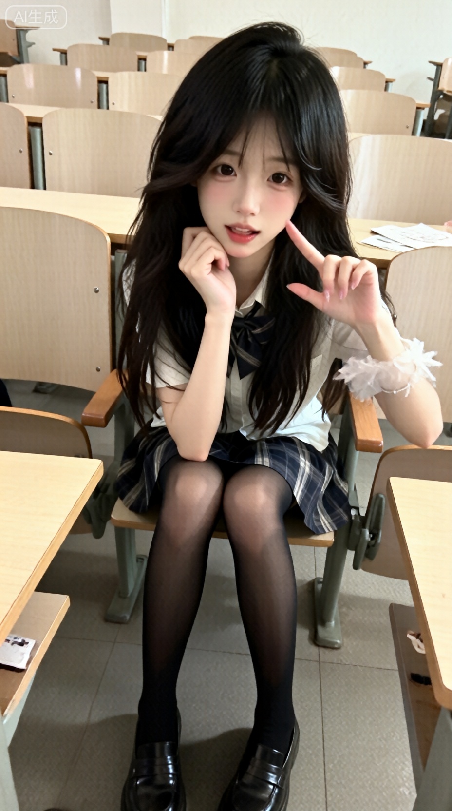 氛围感。轻松的感觉,超低分辨率,日常快照有噪音,没有特定的构图和灯光,随意拍摄的感觉,一个长发女孩,她白皙皮肤显得清透自然。坐在阶梯教室座位上,发呆卖萌,可爱。穿着JK白衬衫和格纹短裙,还有黑色连裤袜和皮鞋。