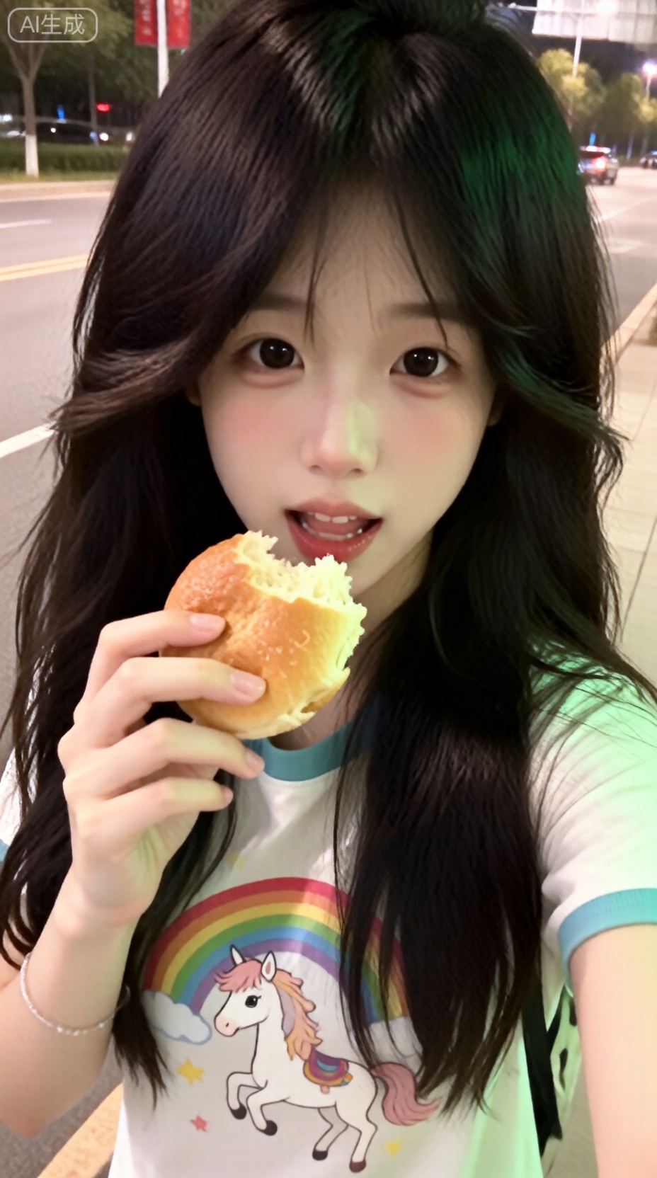 氛围感。轻松的感觉,超低分辨率,日常快照有噪音,没有特定的构图和灯光,随意拍摄的感觉,一个长发女孩,她的皮肤白皙,上学路上,啃馒头,穿着阳光彩虹小白马图案的T恤。