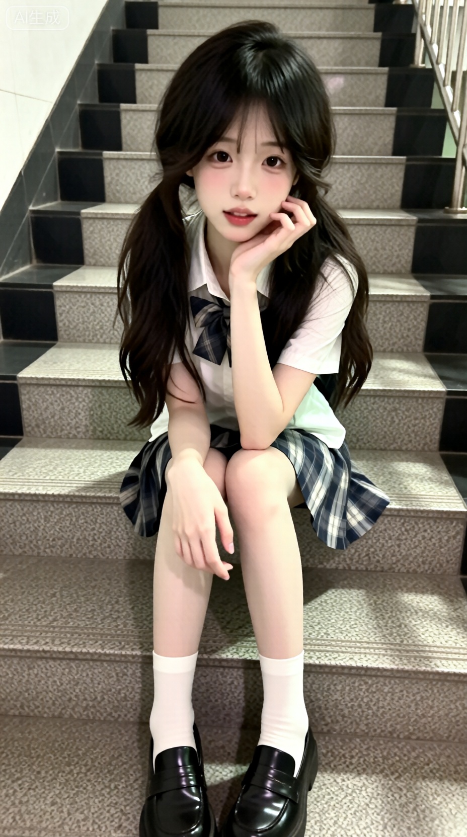氛围感。轻松的感觉,超低分辨率,日常快照有噪音,没有特定的构图和灯光,随意拍摄的感觉,一个长发,双低马尾的女孩,她白皙皮肤显得清透自然。坐在台阶上,发呆卖萌,可爱。穿着JK白衬衫和格纹短裙,还有丝袜和皮鞋。