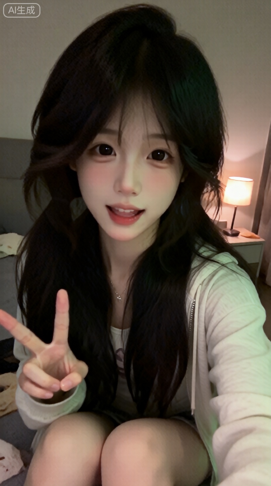 氛围感。轻松的感觉,超低分辨率,日常快照有噪音,没有特定的构图和灯光,随意拍摄的感觉,一个长发,双低马尾的女孩,她的皮肤白皙,坐在卧室的床上,穿着可爱的连帽卫衣,看着镜头微笑,做出一个胜利的手势。灯光昏暗,身后有一盏夜灯。