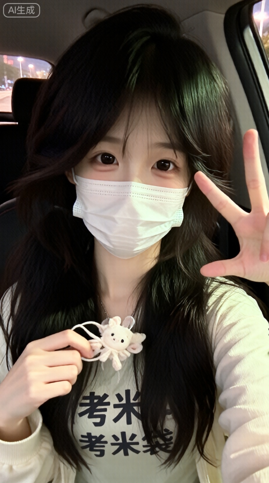 氛围感,松弛感。轻松的感觉,超低分辨率,日常快照有噪音,没有特定的构图和灯光,随意拍摄的感觉,一个长发,双低马尾的女孩,她的皮肤白皙,坐在车内,穿着文化衫上写着“考米袋”,戴着口罩,看着镜头微笑,做出可爱的手势。