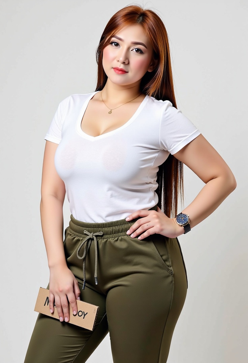 photorealistic portrait of MauJh0y,  a ravishing young curvy woman poised in a photoshoot studio,  her elegance captured i...