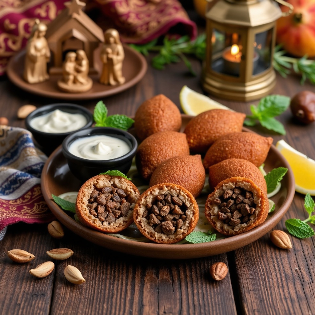 A photorealistic,  cinematic-style,  horizontal photograph of Middle Eastern Kibbeh placed on a rustic ceramic plate. Seve...