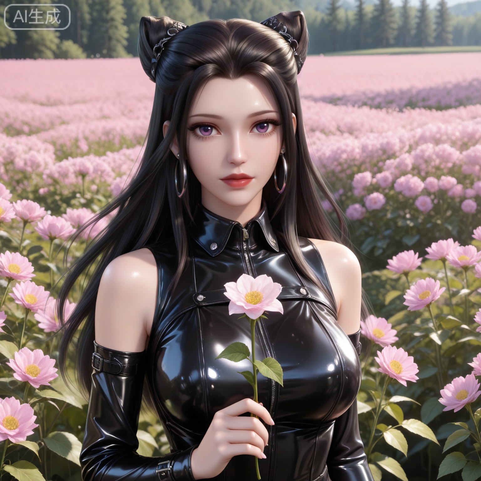 lvjing,
masterpiece,high quality,tall,game cg,highres,(soft light:1.2),white_skin,(shiny_skin:0.6),(realistic:1.1),,zhuzhuqing,1girl,solo,long hair,brown hair,hair bun,purple eyes,lips,realistic,eyelashes,black hair,cone hair bun,double bun,looking at viewer,long sleeves,nature,flowers,holding flower,flower field,day,1girl,solo,dress,large breasts,earrings,jewelry,boots,long hair,latex,black dress,detached sleeves,shiny clothes,looking at viewer,hoop earrings,breasts,red lips,leather,collared_dress,upper_body,