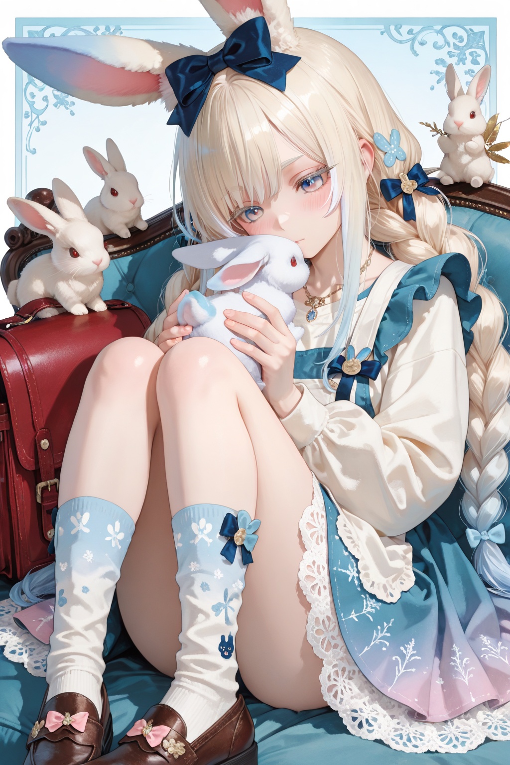 The girl was holding a rabbit doll in her hand. Her hair was soft and light golden,  with a delicate texture,  which seeme...