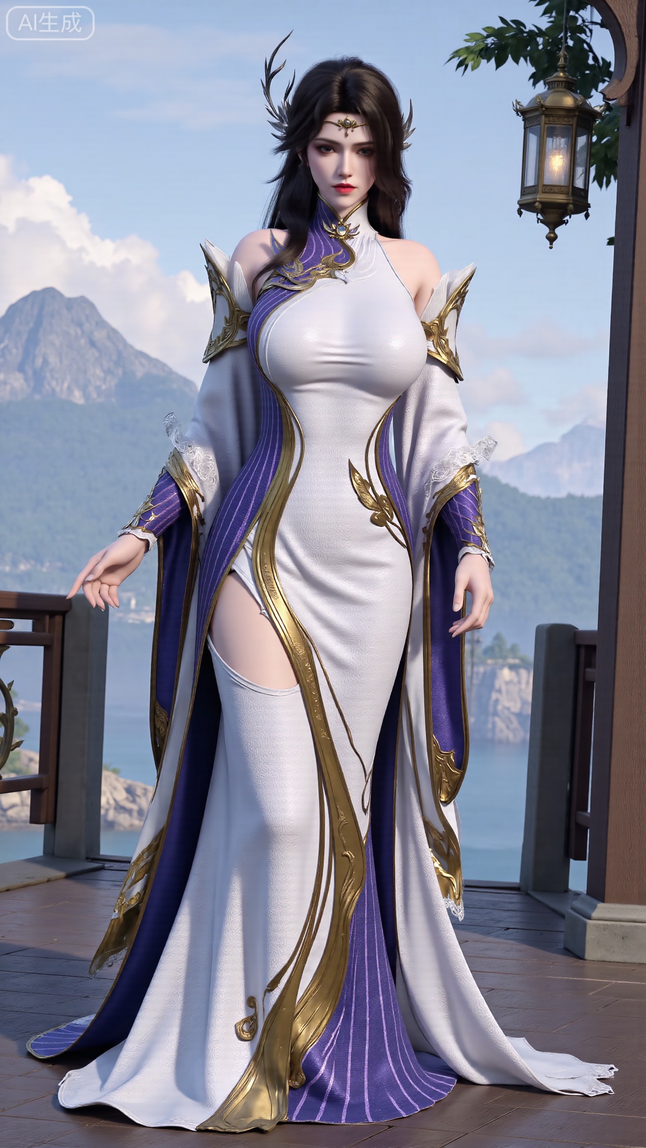 (masterpiece, best quality:1.2),1 girl, solo, long hair, black hair, hair accessories, clothing, cleavage cuts, long dress, jewelry, upper body, earrings. Background is outdoor, sky, clouds, water, trees, architecture, landscape, lantern, mountain, dragon, architecture, bridge, east Asian architecture, fog, pagoda,,(huge breasts:2.99),(full breasts:2.99),,Xbigbreasts,XbaifengsongyuYH,XliuyuYH2,XanmyXM,XxuanyYH,XruotianzhuqueG,XxuanyiYH,XPolaroidFilmStyle