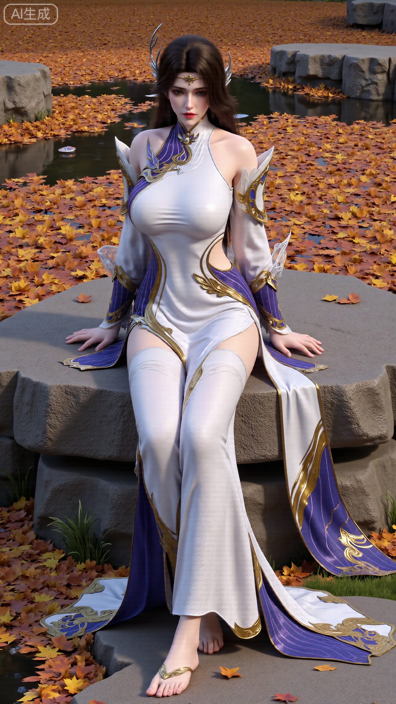 A beautiful woman seated on a stone, barefoot with a close - up of her feet. Taken from a low - angle perspective. Overall Concept: Create a visually stunning, aesthetically pleasing scene where the subject seamlessly blends with the natural environment, facing the viewer directly. The composition fully encompasses the character and the surrounding autumnal foliage, offering an expansive view. The character serves as the focal point, while the fallen leaves enhance the overall ambiance. Key elements include maple trees and fallen leaves. Perspective: The subject looks directly into the camera. Shot from a low - angle, upward perspective, this vantage point clearly showcases the spatial relationship between the character and the fallen leaves on the ground, providing a unique visual experience. Poses: Seated on the stone, one hand rests naturally on her leg, while the other relaxes by her side. Emphasize her delicate hands and fingers. Character Description: An Eastern - styled ancient - aesthetic female character with a slender and graceful figure. She wears a forehead ornament, has long black hair, exquisitely detailed eyes, and colored contact lenses. Clothing: A xianxia - style long robe, adapted from traditional Hanfu. The main color is white, transitioning into a pale blue gradient. Features silver - white patterned embroidery. The fabric has a silk - like smooth texture, exhibiting a soft sheen that varies with different lighting conditions. - Structural Design: Strapless long dress with wide sleeves. The lower skirt is floor - length, featuring natural, flowing folds. Adorned with flowing ribbons. Hairstyle and Accessories - Hairstyle: A classic high chignon with long hair cascading naturally over her shoulders and back. The hair is shiny black, with a realistic texture. - Accessories: Silver hair ornaments, necklace, earrings, and other jewelry. The dress also has embroidery, and she wears a forehead ornament. Additional Details: Her slender legs are exposed, barefoot. Her toenails are manicured with shiny, transparent nail polish. Background: Set against an autumnal backdrop with fallen leaves, butterflies, and a ground carpeted with a rich palette of orange, yellow, and red autumn leaves. Include moss - covered stones, weeds, wildflowers, and a clear - flowing stream with fallen leaves floating on its surface. This creates a rich, serene autumnal atmosphere, highlighting the beauty of nature. A maple branch is positioned in the foreground of the shot.,(huge breasts:2.99),(full breasts:2.99),Xbigbreasts,XbaifengsongyuYH,XliuyuYH2,XanmyXM,XxuanyYH,XruotianzhuqueG,XxuanyiYH,XPolaroidFilmStyle