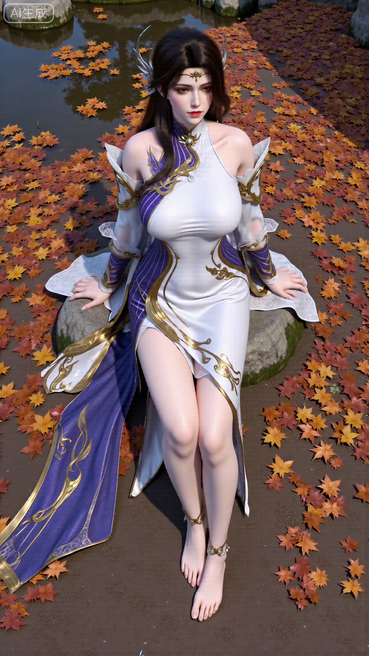 A beautiful woman seated on a stone, barefoot with a close - up of her feet. Taken from a low - angle perspective. Overall Concept: Create a visually stunning, aesthetically pleasing scene where the subject seamlessly blends with the natural environment, facing the viewer directly. The composition fully encompasses the character and the surrounding autumnal foliage, offering an expansive view. The character serves as the focal point, while the fallen leaves enhance the overall ambiance. Key elements include maple trees and fallen leaves. Perspective: The subject looks directly into the camera. Shot from a low - angle, upward perspective, this vantage point clearly showcases the spatial relationship between the character and the fallen leaves on the ground, providing a unique visual experience. Poses: Seated on the stone, one hand rests naturally on her leg, while the other relaxes by her side. Emphasize her delicate hands and fingers. Character Description: An Eastern - styled ancient - aesthetic female character with a slender and graceful figure. She wears a forehead ornament, has long black hair, exquisitely detailed eyes, and colored contact lenses. Clothing: A xianxia - style long robe, adapted from traditional Hanfu. The main color is white, transitioning into a pale blue gradient. Features silver - white patterned embroidery. The fabric has a silk - like smooth texture, exhibiting a soft sheen that varies with different lighting conditions. - Structural Design: Strapless long dress with wide sleeves. The lower skirt is floor - length, featuring natural, flowing folds. Adorned with flowing ribbons. Hairstyle and Accessories - Hairstyle: A classic high chignon with long hair cascading naturally over her shoulders and back. The hair is shiny black, with a realistic texture. - Accessories: Silver hair ornaments, necklace, earrings, and other jewelry. The dress also has embroidery, and she wears a forehead ornament. Additional Details: Her slender legs are exposed, barefoot. Her toenails are manicured with shiny, transparent nail polish. Background: Set against an autumnal backdrop with fallen leaves, butterflies, and a ground carpeted with a rich palette of orange, yellow, and red autumn leaves. Include moss - covered stones, weeds, wildflowers, and a clear - flowing stream with fallen leaves floating on its surface. This creates a rich, serene autumnal atmosphere, highlighting the beauty of nature. A maple branch is positioned in the foreground of the shot.,(huge breasts:2.99),(full breasts:2.99),Xbigbreasts,XbaifengsongyuYH,XliuyuYH2,XanmyXM,XxuanyYH,XruotianzhuqueG,XxuanyiYH,XPolaroidFilmStyle