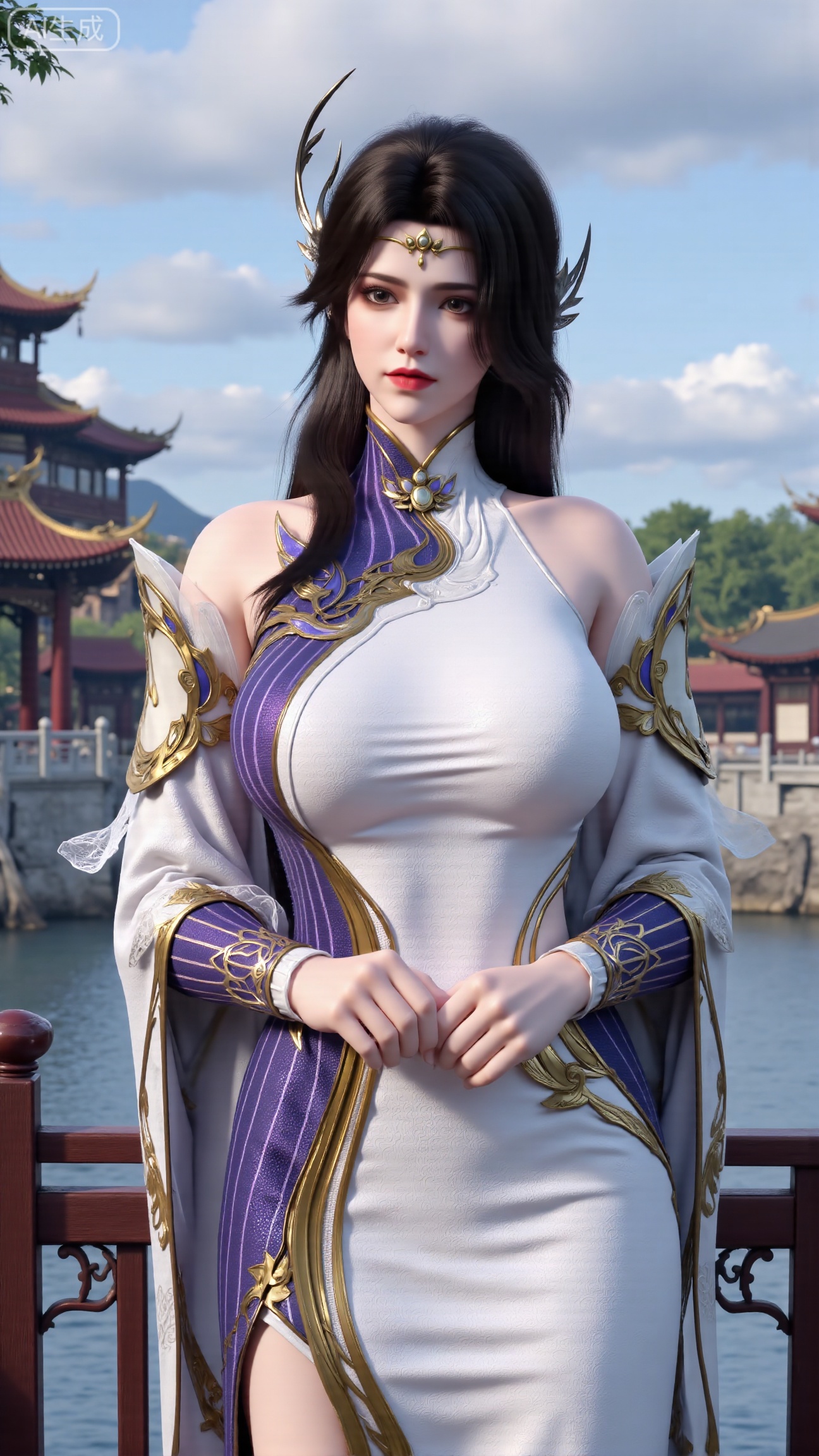 (masterpiece, best quality:1.2),1 girl, solo, long hair, black hair, hair accessories, clothing, cleavage cuts, long dress, jewelry, upper body, earrings. Background is outdoor, sky, clouds, water, trees, architecture, landscape, lantern, mountain, dragon, architecture, bridge, east Asian architecture, fog, pagoda,,(huge breasts:2.99),(full breasts:2.99),,Xbigbreasts,XbaifengsongyuYH,XliuyuYH2,XanmyXM,XxuanyYH,XruotianzhuqueG,XxuanyiYH,XPolaroidFilmStyle