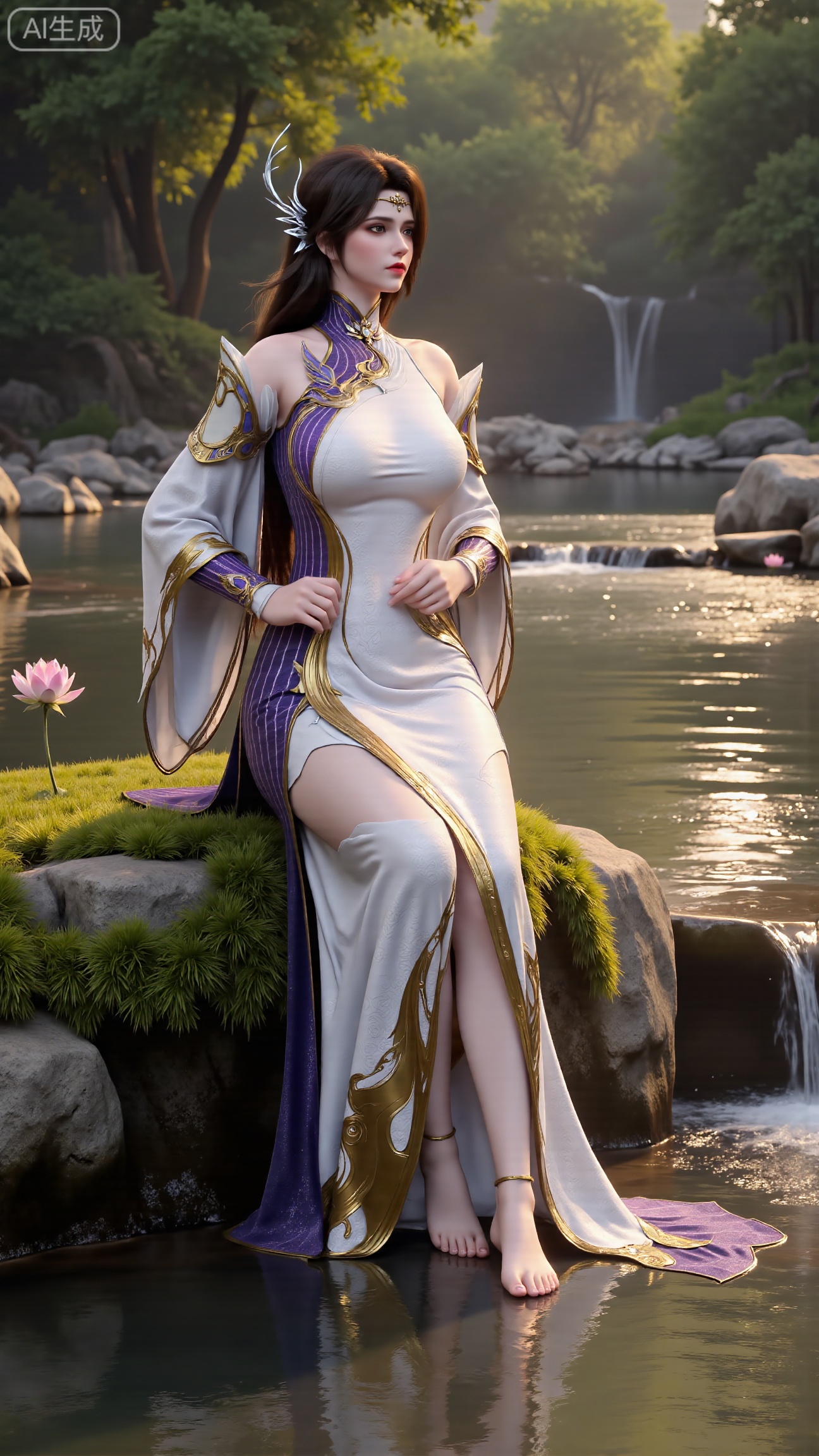 (masterpiece:1.3), ultra-detailed, 8k, photorealistic, best quality, cinematic lighting, volumetric sunlight, soft shadows, subsurface scattering, depth of field, A stunning young woman sits gracefully barefoot on a moss-covered rock beside a crystal-clear stream in a tranquil forest. The sunlight filters through the trees, casting dappled golden light on her smooth skin and the rippling water. She wears an exquisite long dress with fine pink and gold embroidery across the chest and short sleeves. Her long, dark hair flows naturally over her shoulders, softly illuminated by the warm light. Her bare feet touch the cool moss and shallow water, adding a sense of intimacy and realism. One hand rests gently on her hip, while the other holds a blooming lotus flower, her expression calm and serene. Mist rises gently from the water, with reflections dancing on the surface, creating a peaceful, ethereal atmosphere. (background with mossy stones, flowing stream, forest sunlight, soft haze, and gentle reflections:1.6), (realistic skin texture:1.3), (natural color tones:1.3), (film look:1.2) (huge breasts:2.99),(full breasts:2.99),,Xbigbreasts,XbaifengsongyuYH,XliuyuYH2,XanmyXM,XxuanyYH,XruotianzhuqueG,XxuanyiYH,XPolaroidFilmStyle