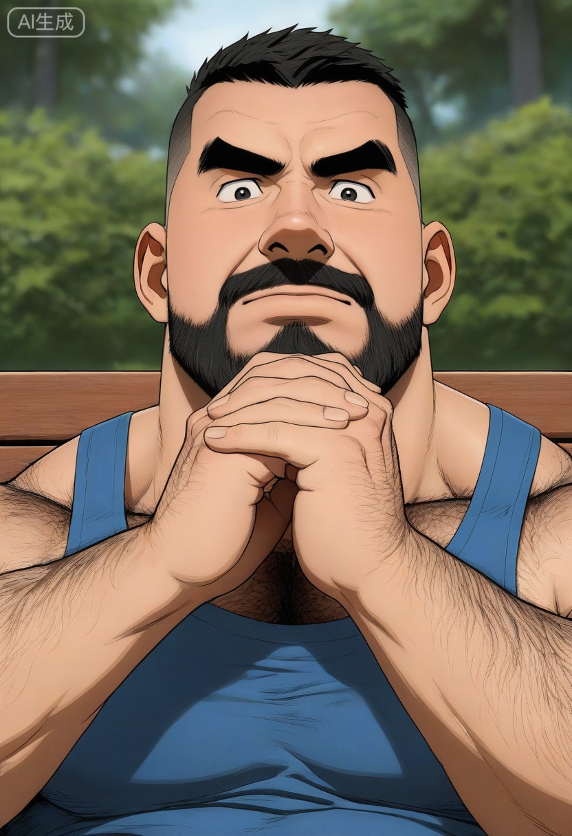 质量词: masterpiece, best quality, amazing quality, very aesthetic, absurdres, highres, newest,by tgywl,comic,tgywl,The man has a military-style hairstyle, a highly taut face, thick black eyebrows, and wide-open eyes showing dignity and vigilance. He has a thick and layered beard that spreads from his chin to his cheeks, with a serious expression. His chest hair is vaguely visible, his arms are muscular and hairy, and his body is strong—exuding a strong sense of oppression and strength.

A man with short black hair and a blue t-shirt is seated on a wooden bench in a park. His arms are resting on the backrest of the bench, and his hands are clasped together. He has a contemplative expression on his face, looking slightly downward and to the left. The background consists of green trees and foliage, with a pathway visible in the distance. The scene is well-lit, suggesting it is daytime.