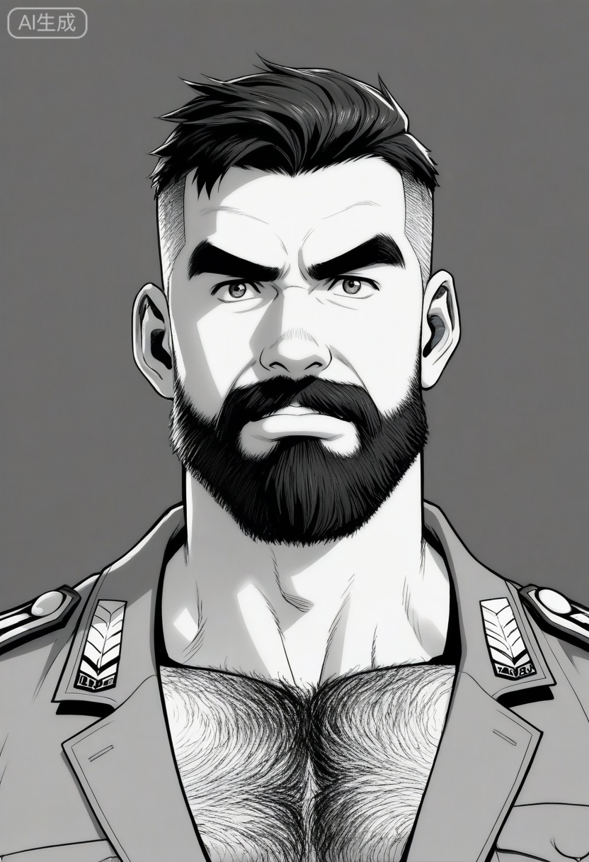 质量词: masterpiece, best quality, amazing quality, very aesthetic, absurdres, highres, newest,by tgywl,Military-style haircut, highly taut face, thick eyebrows and big eyes, majesty and vigilance, thick and layered beard, serious expression, chest hair vaguely visible at the collar, muscular arms with thick hair, a strong body, and a strong sense of oppression and power.