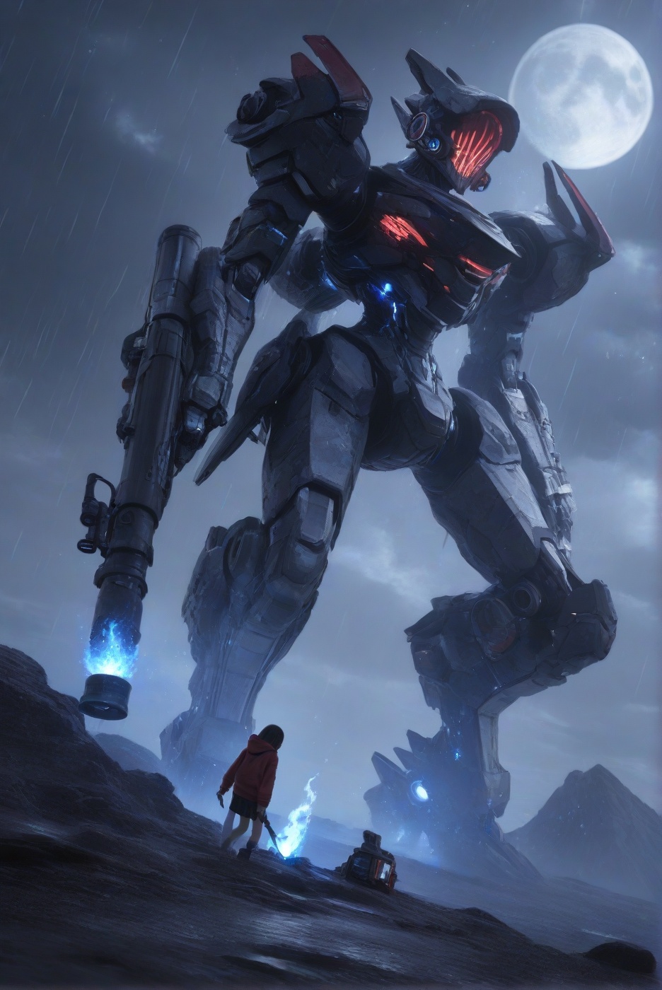 hyper realistic abandoned kingdom with cybergear and bioluminescence,  featuring a Mecha cyborg girl with long hair tied i...