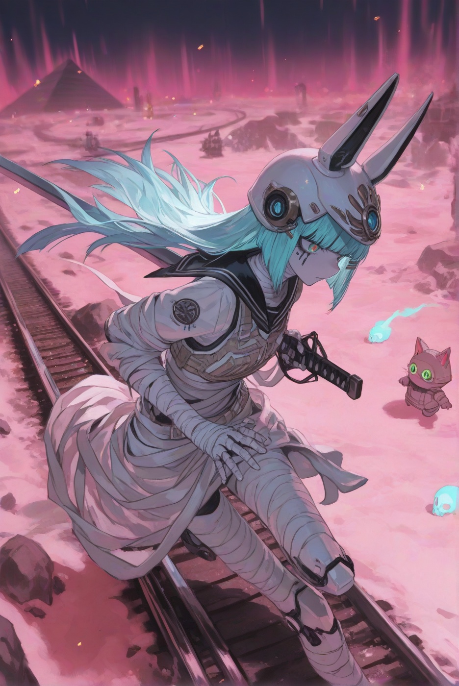 A masterpiece,  best-quality,  ultra-detailed surreal sci-fi–fantasy illustration blending SCI-FI × Ancient Egypt × Railwa...