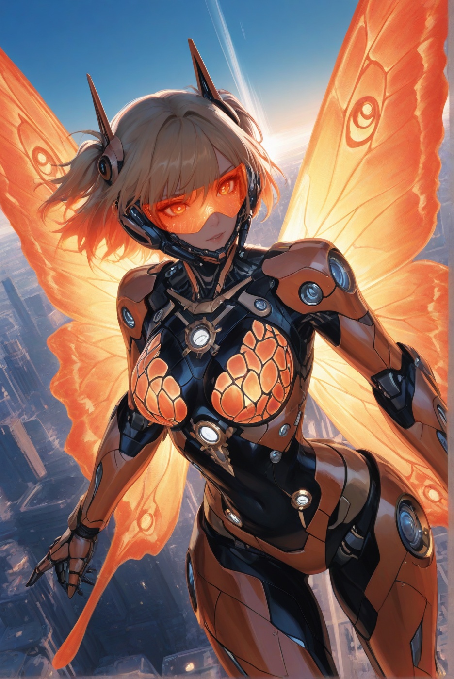An awe-inspiring,  close-up perspective of a woman adorned in a sleek,  metallic mechanical suit that mimics the intricate...