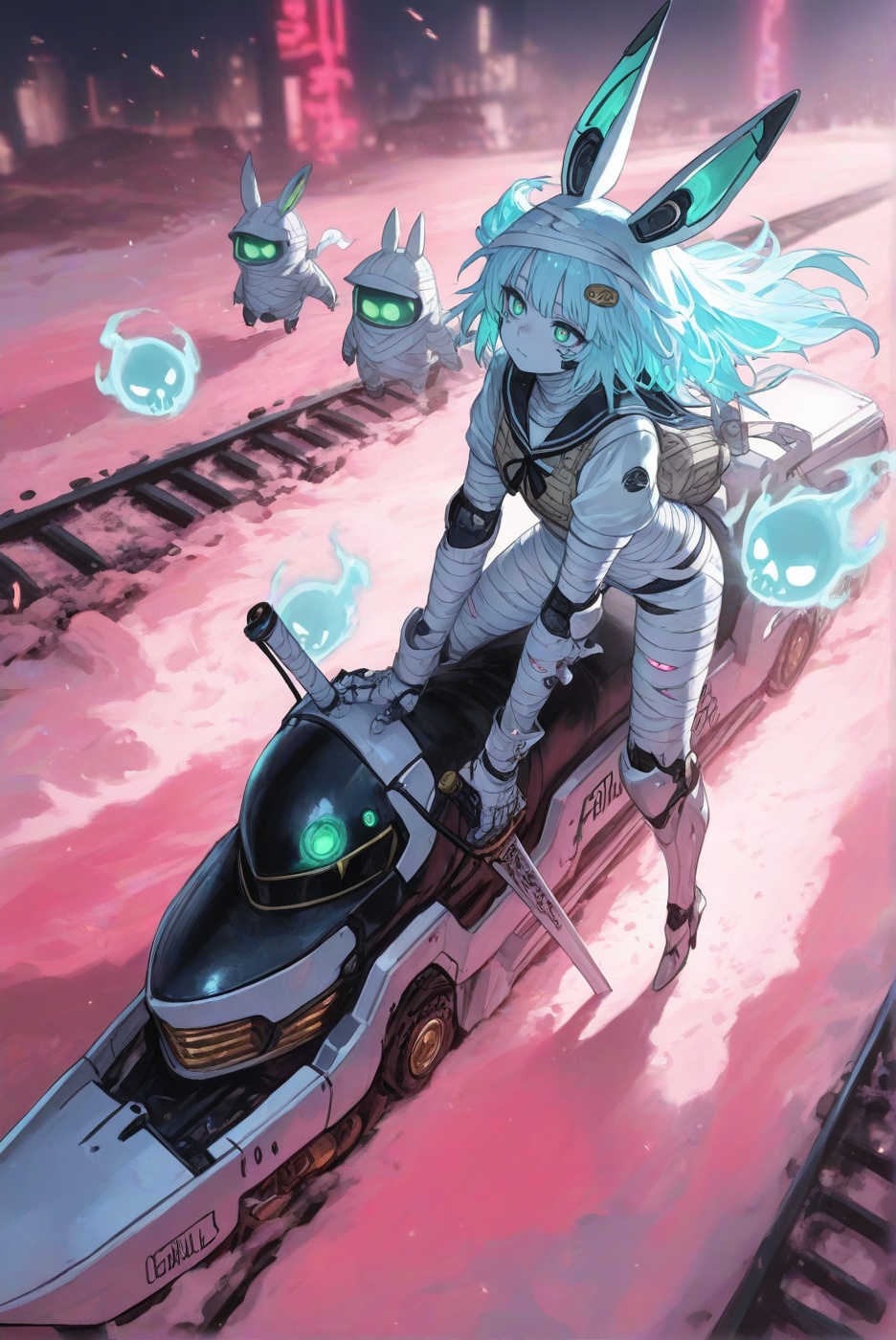 A masterpiece,  best-quality,  ultra-detailed surreal sci-fi–fantasy illustration blending SCI-FI × Ancient Egypt × Railwa...