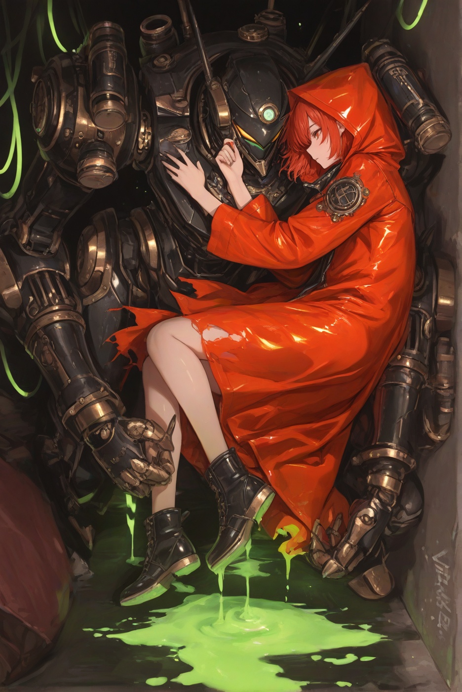 side profile. grunge bold text "Hiro" on it. stylized fonts style on side the image. mecha woman. steampunk style. porcela...