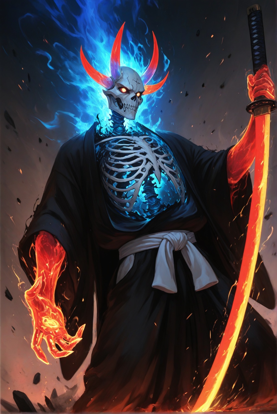 A fierce,  ultra-detailed Ichigo Kurosaki in mid-battle pose,  featuring spiky orange hair and intense expression. Half of...