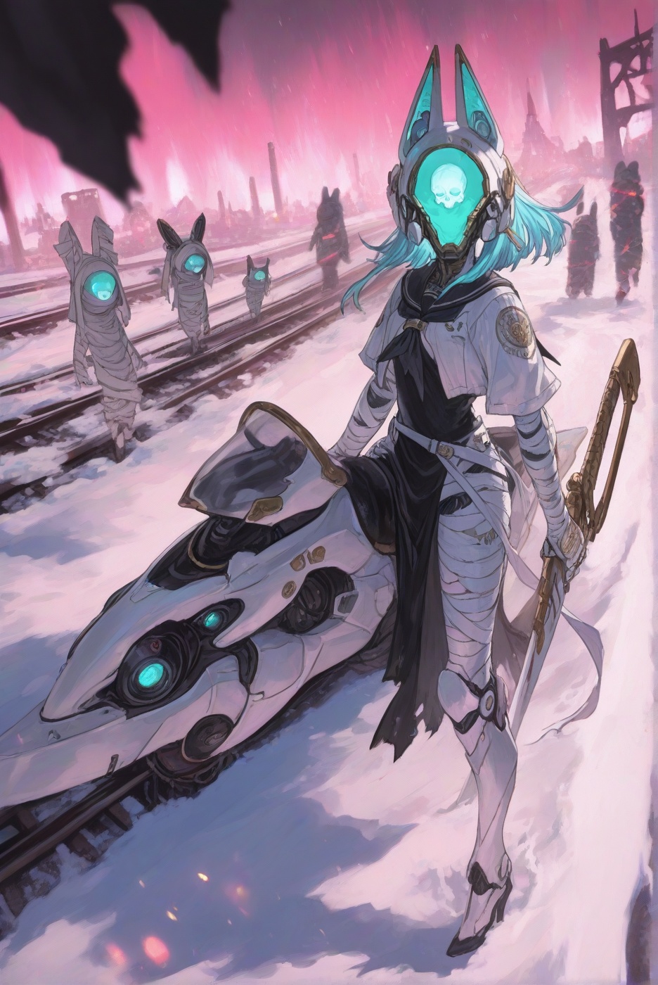 A masterpiece,  best-quality,  ultra-detailed surreal sci-fi–fantasy illustration blending SCI-FI × Ancient Egypt × Railwa...