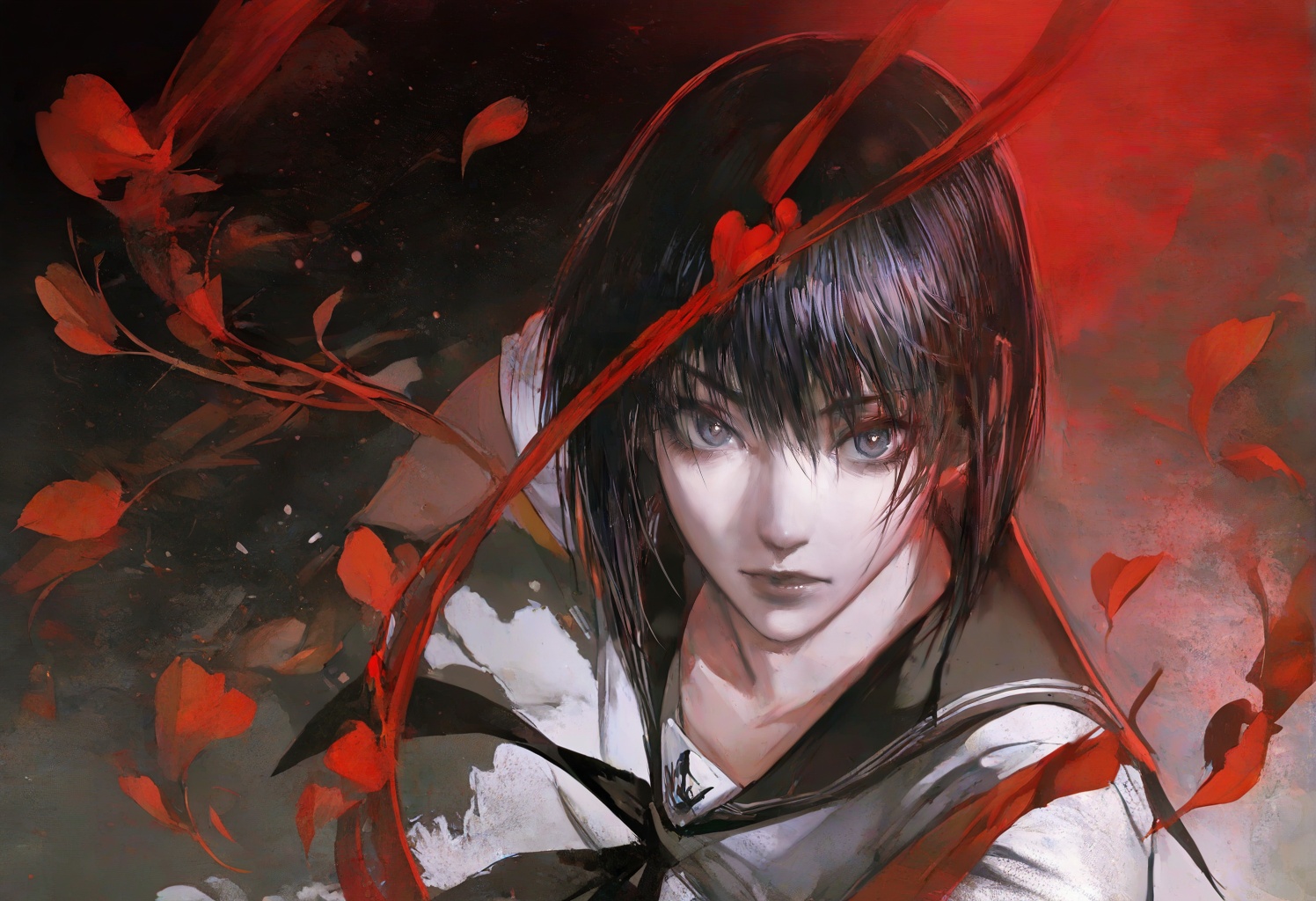 A dark,  atmospheric digital painting in a dramatic,  low-key style. A young person with short on Tensor.Art