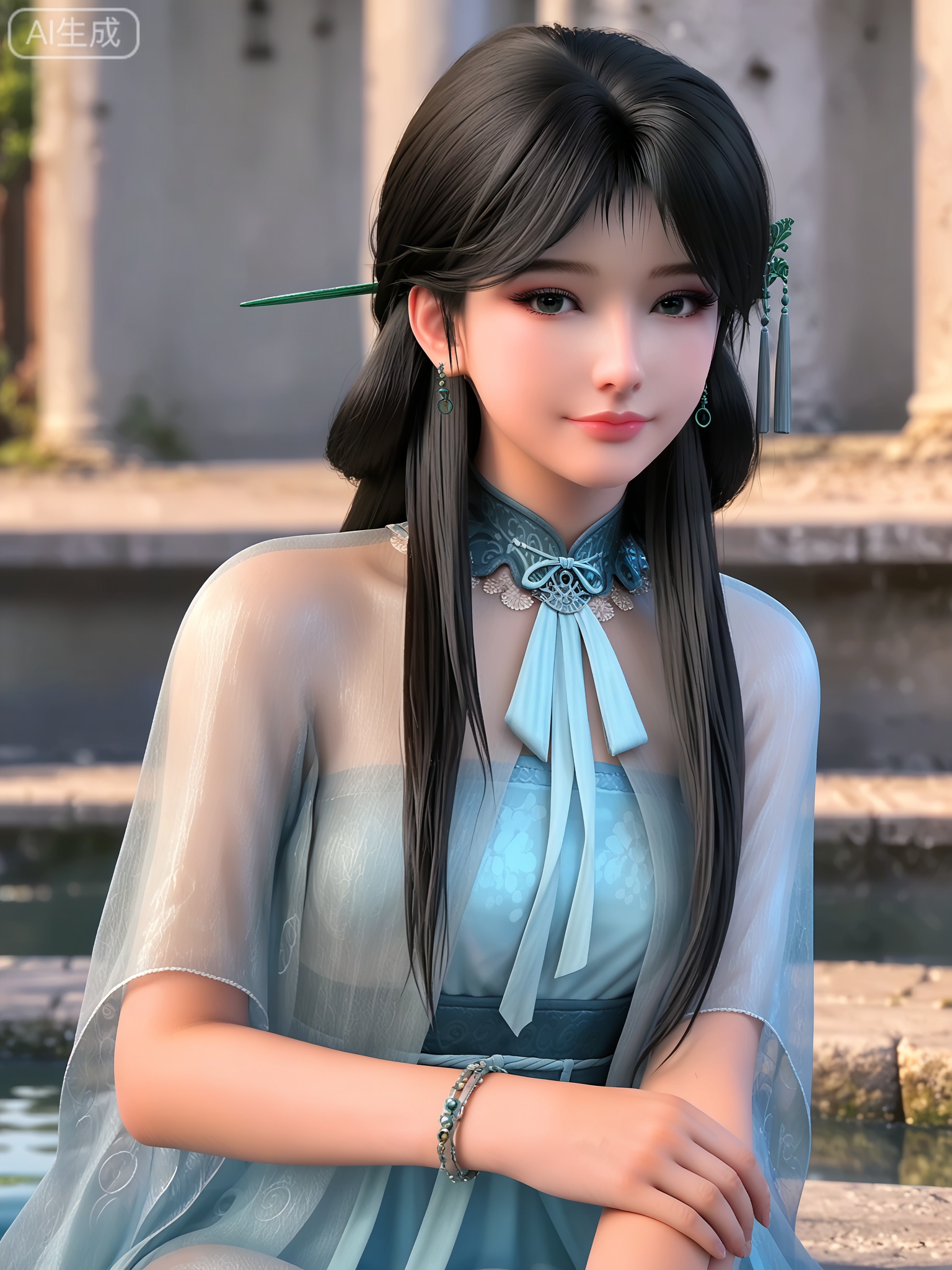 score_9,score_8_up,score_7_up,masterpiece,(best quality),(intricate details:0.9) BREAK (intricate details:0.9),(realistic skin:1.2),masterpiece,best quality,newest,absurdres,hiahres,1girl,solo,jewelry,hair ornament,long hair,dress,necklace,lips,eyeshadow,bracelet,tassel,(8k ultra-clear, pony style),photo pose 0.6, micro-expression: soft smile 0.3, half-body + medium shot 0.7,1girl,solo.looking_at_viewer,realistic,photorealistic,Vivid Colors,bright environment,shiny skin,shiny hairjewelry,detail eyes,Eyes highlights,glowing,sunshine,bright,reflection,bright,sunshine on face,shiny,shinny,petite,thin,leg slimming,lose weight,slim hips,lakeside,delicate water,reflection,(full body:0.8)sitting_down,eyelashes,