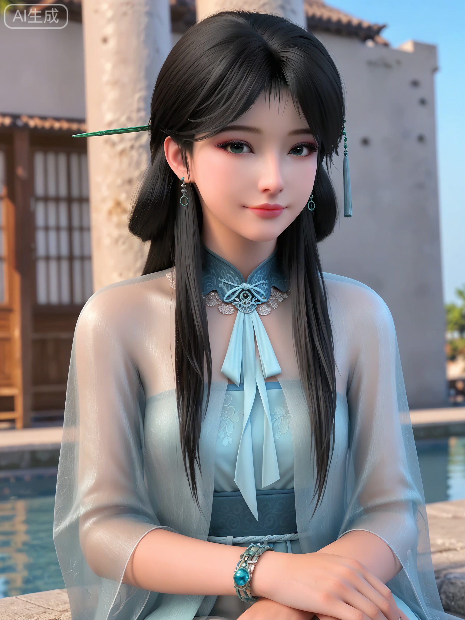 score_9,score_8_up,score_7_up,masterpiece,(best quality),(intricate details:0.9) BREAK (intricate details:0.9),(realistic skin:1.2),masterpiece,best quality,newest,absurdres,hiahres,1girl,solo,jewelry,hair ornament,long hair,dress,necklace,lips,eyeshadow,bracelet,tassel,(8k ultra-clear, pony style),photo pose 0.6, micro-expression: soft smile 0.3, half-body + medium shot 0.7,1girl,solo.looking_at_viewer,realistic,photorealistic,Vivid Colors,bright environment,shiny skin,shiny hairjewelry,detail eyes,Eyes highlights,glowing,sunshine,bright,reflection,bright,sunshine on face,shiny,shinny,petite,thin,leg slimming,lose weight,slim hips,lakeside,delicate water,reflection,(full body:1.2)sitting_down,eyelashes,black-hair,Clear background,