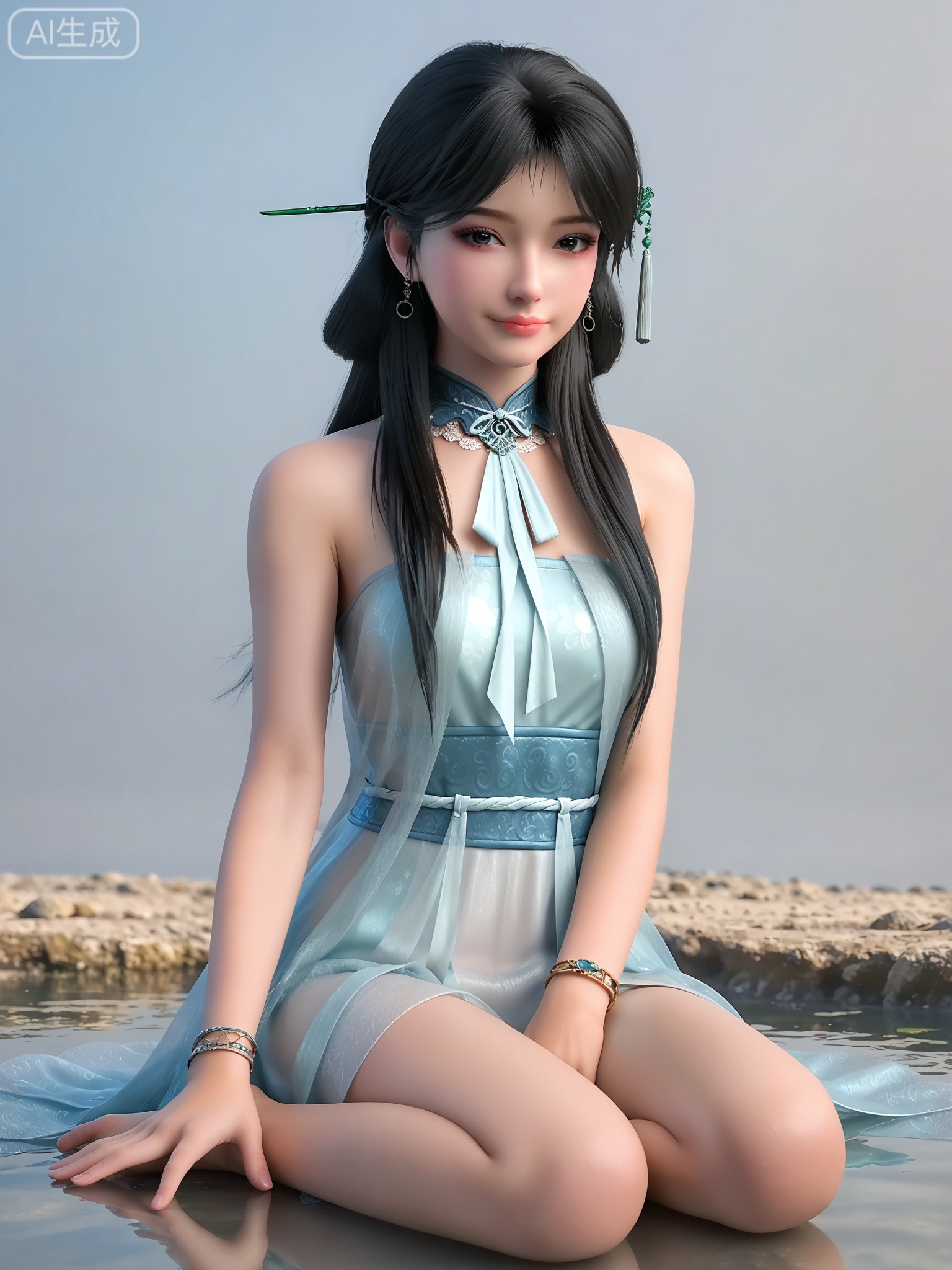 score_9,score_8_up,score_7_up,masterpiece,(best quality),(intricate details:0.9) BREAK (intricate details:0.9),(realistic skin:1.2),masterpiece,best quality,newest,absurdres,hiahres,1girl,solo,jewelry,hair ornament,long hair,dress,necklace,lips,eyeshadow,bracelet,tassel,(8k ultra-clear, pony style),photo pose 0.6, micro-expression: soft smile 0.3, half-body + medium shot 0.7,1girl,solo.looking_at_viewer,realistic,photorealistic,Vivid Colors,bright environment,shiny skin,shiny hairjewelry,detail eyes,Eyes highlights,glowing,sunshine,bright,reflection,bright,sunshine on face,shiny,shinny,petite,thin,leg slimming,lose weight,slim hips,lakeside,delicate water,reflection,(full body:1.2)sitting_down,eyelashes,black-hair,Clear background,