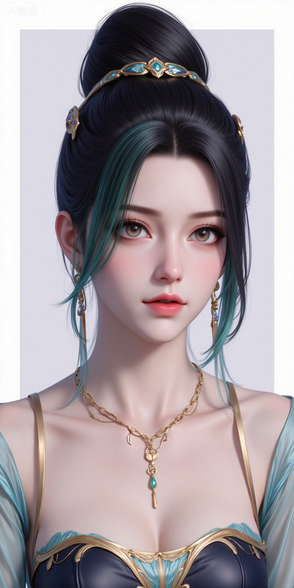 1girl, solo, black hair, dress, jewelry, upper body, multicolored hair, earrings, parted lips, green hair, necklace, two-tone hair, streaked hair, single hair bun, realistic