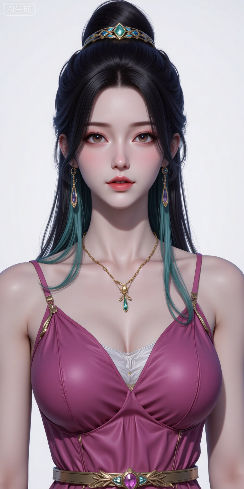 1girl, solo, black hair, dress, jewelry, upper body, multicolored hair, earrings, parted lips, green hair, necklace, two-tone hair, streaked hair, single hair bun, realistic