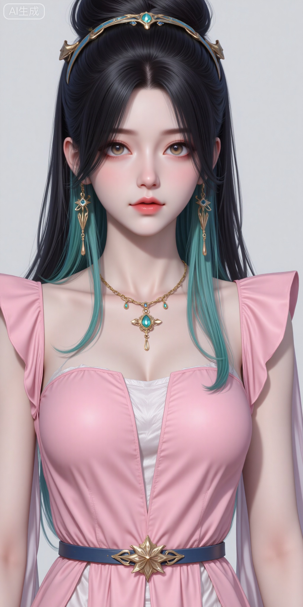 1girl, solo, black hair, dress, jewelry, upper body, multicolored hair, earrings, parted lips, green hair, necklace, two-tone hair, streaked hair, single hair bun, realistic