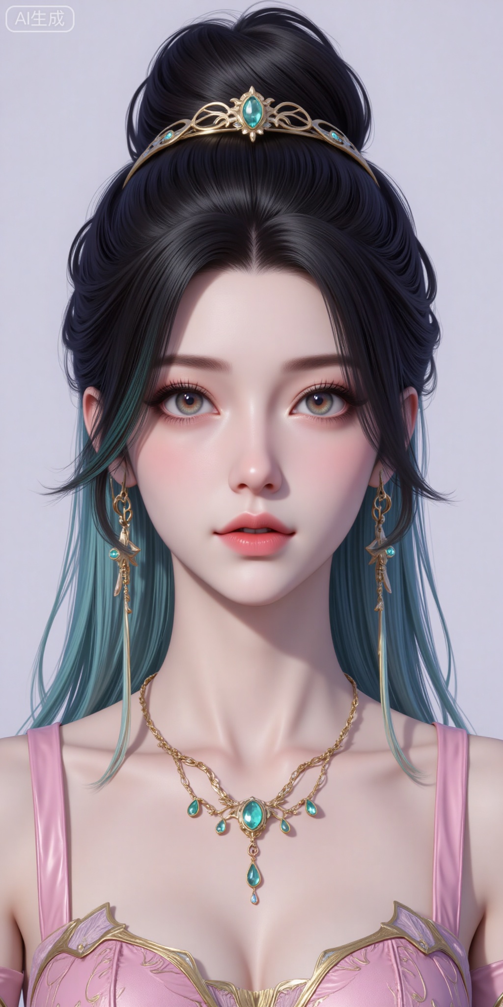 1girl, solo, black hair, dress, jewelry, upper body, multicolored hair, earrings, parted lips, green hair, necklace, two-tone hair, streaked hair, single hair bun, realistic