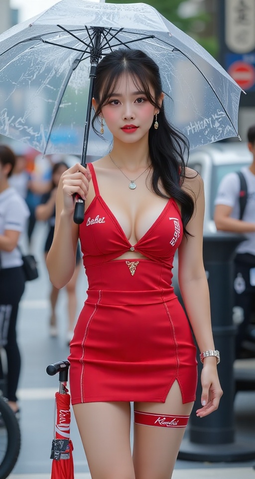 Generate a real-world photograph realistic photography of 1girl solo breasts skirt black hair cleavage bun hair jewelry ea...